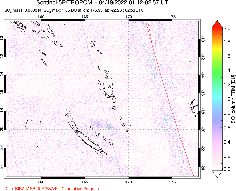 A sulfur dioxide image over Vanuatu, South Pacific on Apr 19, 2022.