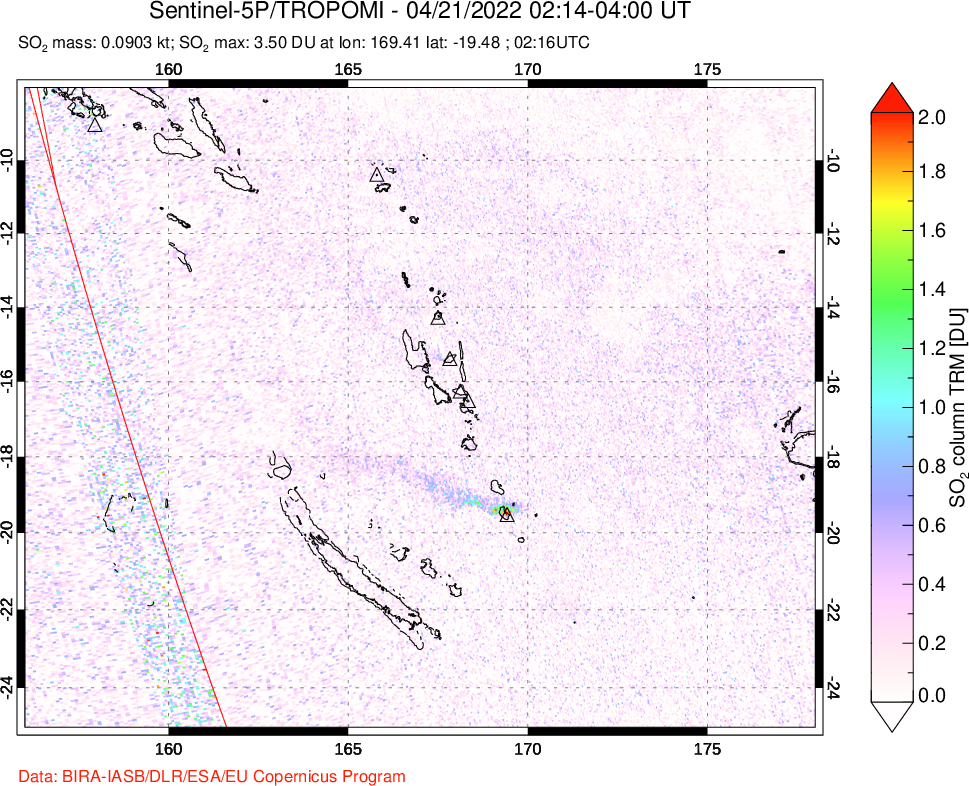 A sulfur dioxide image over Vanuatu, South Pacific on Apr 21, 2022.