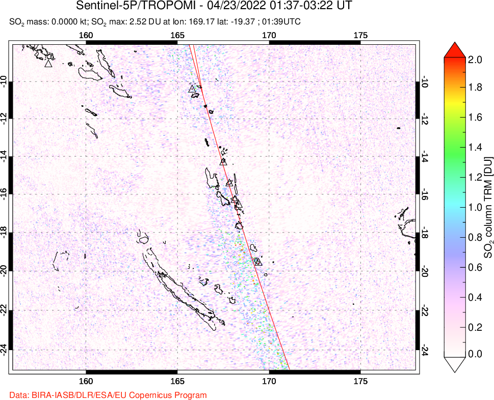 A sulfur dioxide image over Vanuatu, South Pacific on Apr 23, 2022.