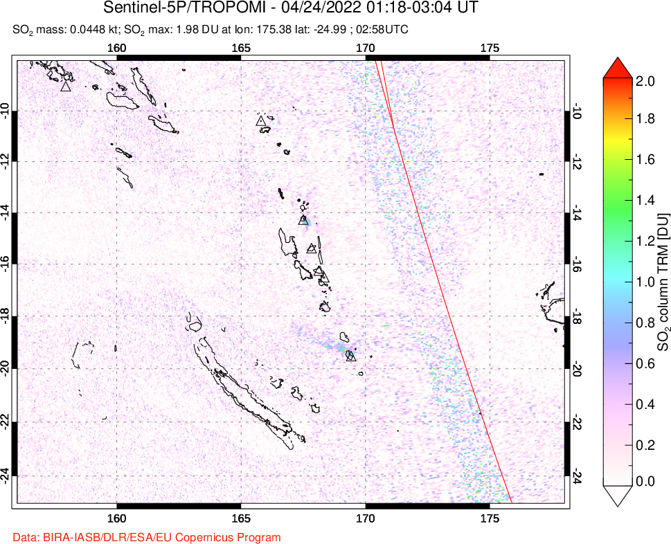 A sulfur dioxide image over Vanuatu, South Pacific on Apr 24, 2022.