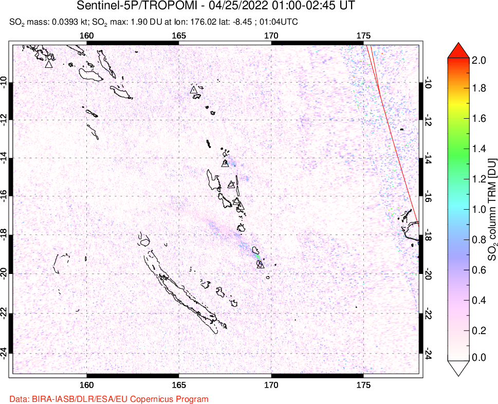 A sulfur dioxide image over Vanuatu, South Pacific on Apr 25, 2022.