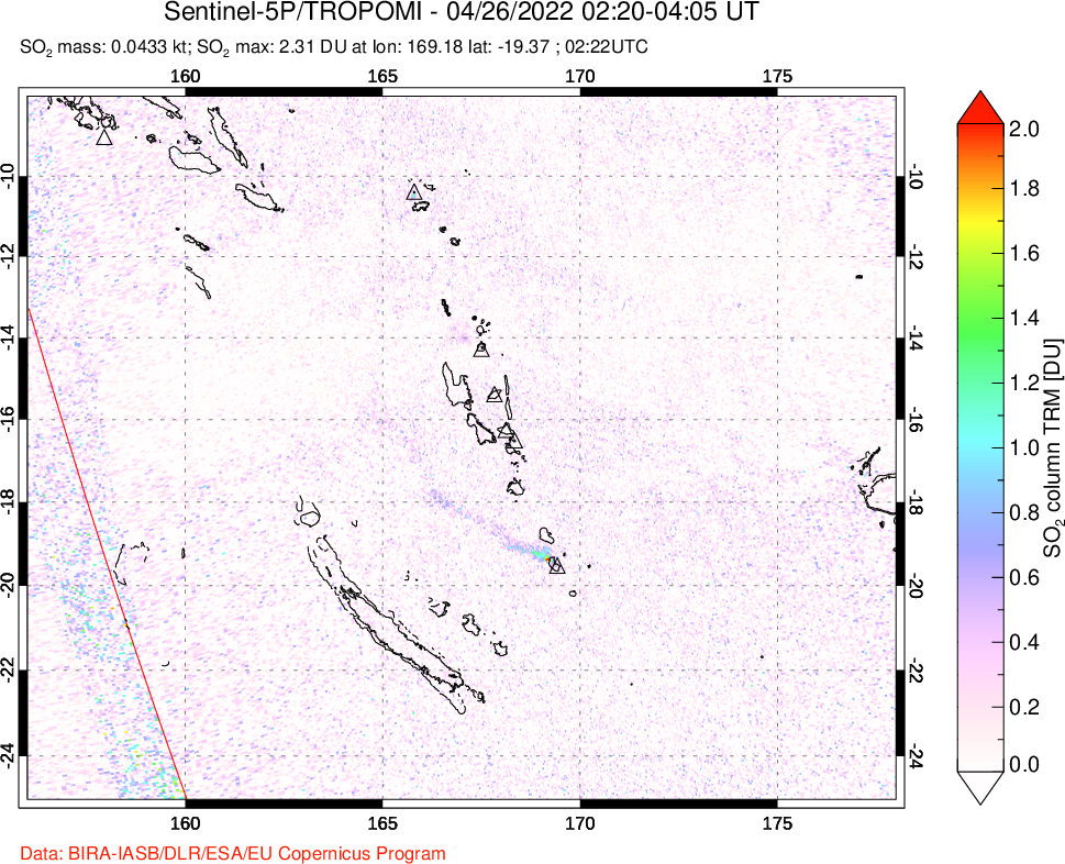 A sulfur dioxide image over Vanuatu, South Pacific on Apr 26, 2022.