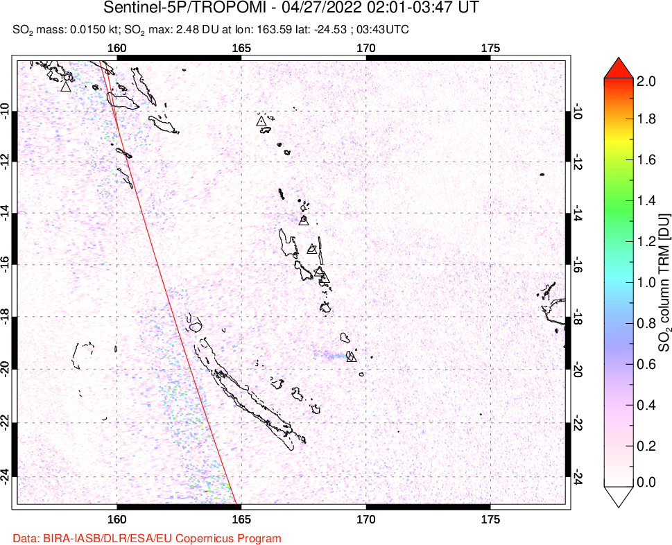 A sulfur dioxide image over Vanuatu, South Pacific on Apr 27, 2022.