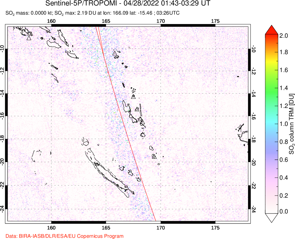 A sulfur dioxide image over Vanuatu, South Pacific on Apr 28, 2022.