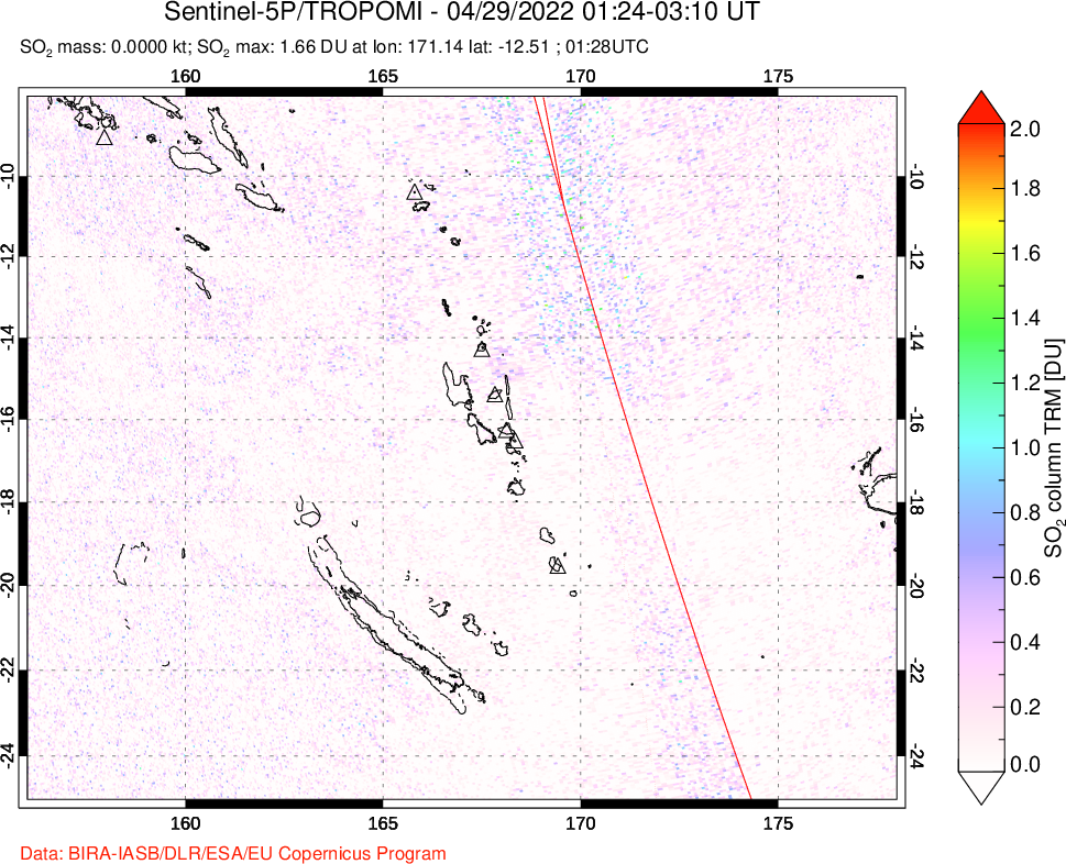 A sulfur dioxide image over Vanuatu, South Pacific on Apr 29, 2022.
