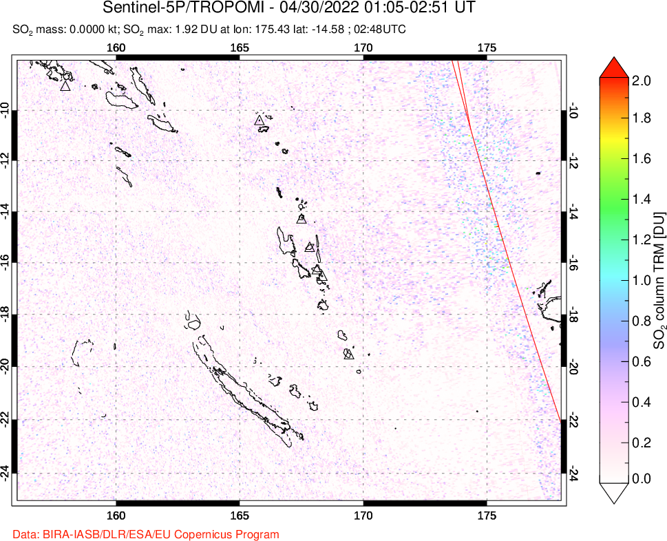 A sulfur dioxide image over Vanuatu, South Pacific on Apr 30, 2022.
