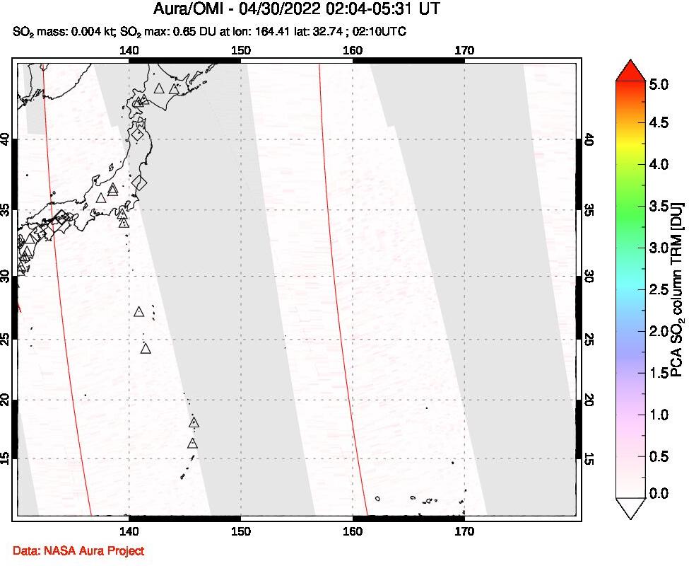 A sulfur dioxide image over Western Pacific on Apr 30, 2022.