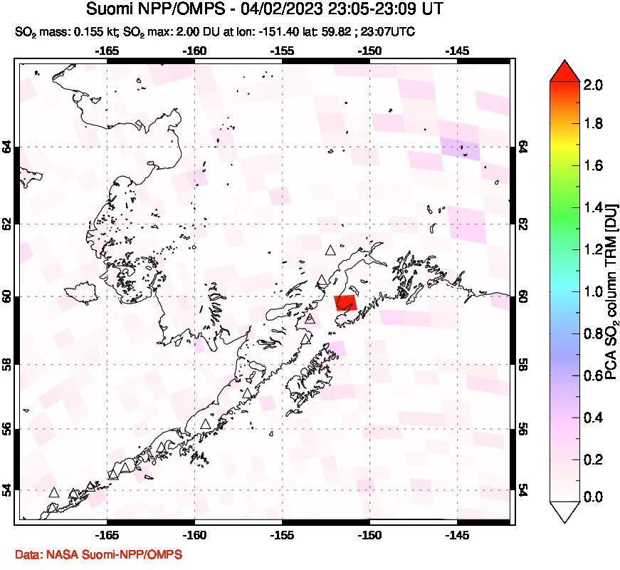 A sulfur dioxide image over Alaska, USA on Apr 02, 2023.