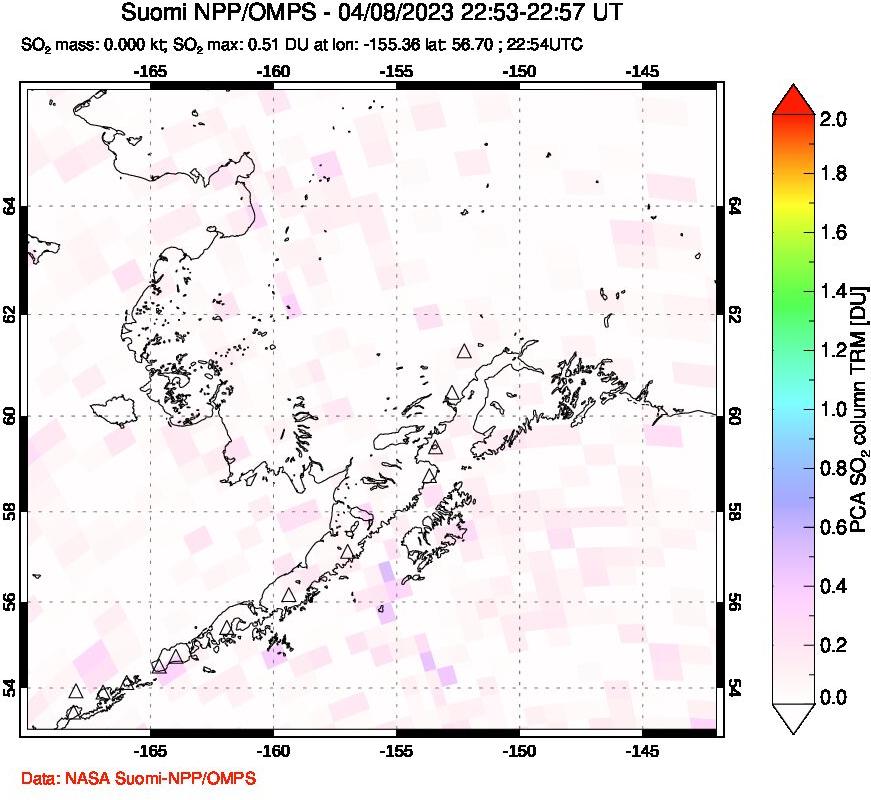A sulfur dioxide image over Alaska, USA on Apr 08, 2023.