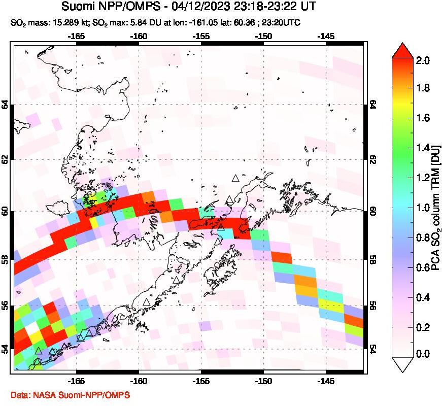 A sulfur dioxide image over Alaska, USA on Apr 12, 2023.