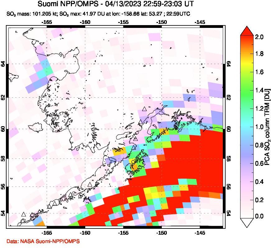 A sulfur dioxide image over Alaska, USA on Apr 13, 2023.