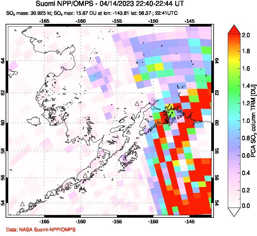 A sulfur dioxide image over Alaska, USA on Apr 14, 2023.