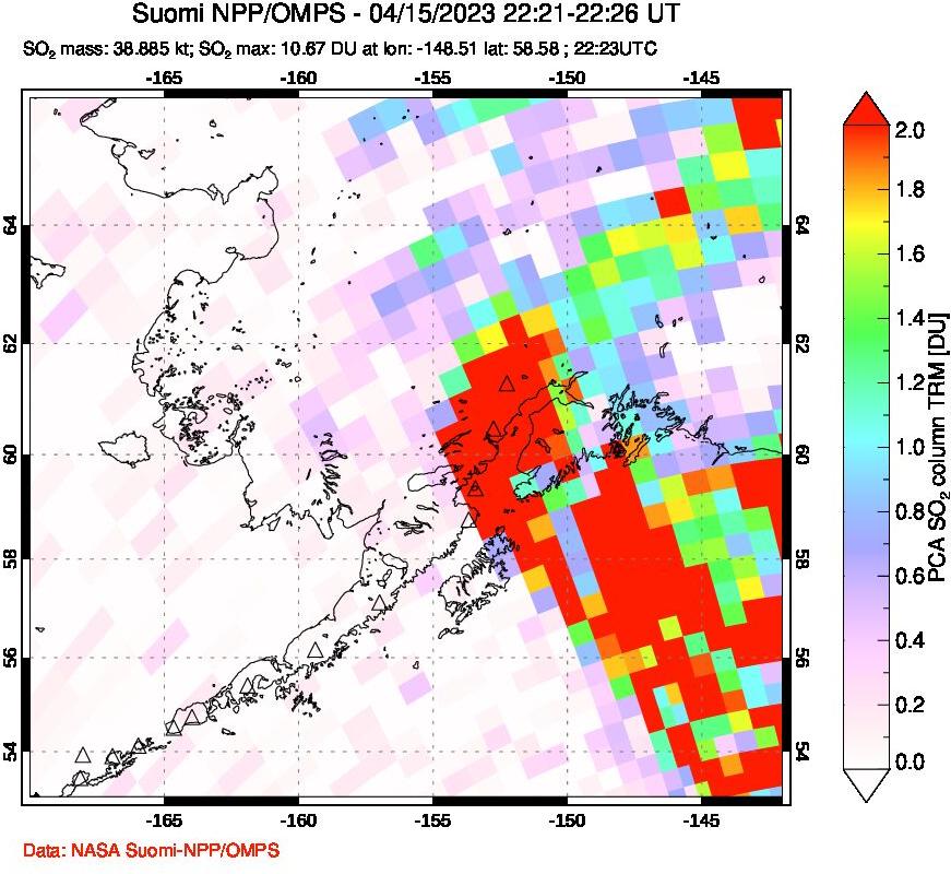 A sulfur dioxide image over Alaska, USA on Apr 15, 2023.