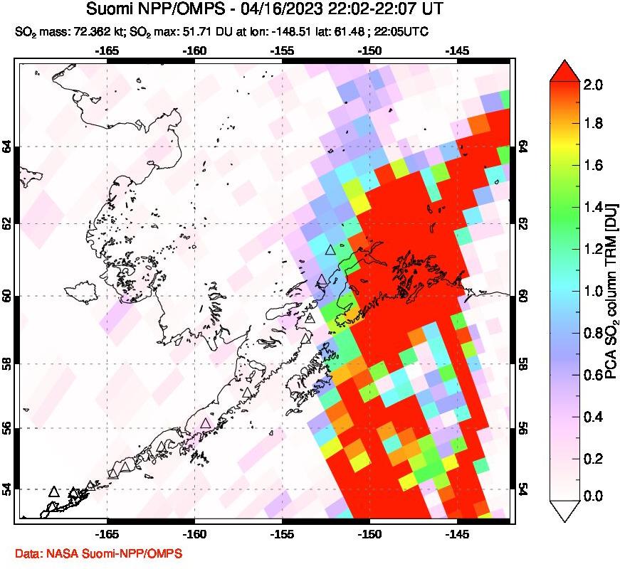 A sulfur dioxide image over Alaska, USA on Apr 16, 2023.