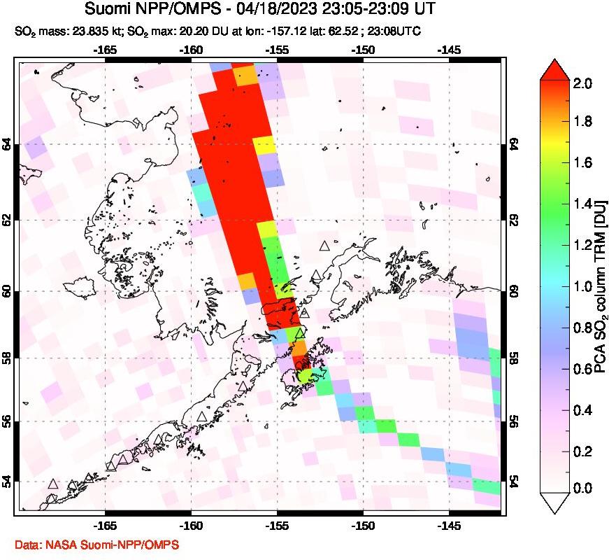 A sulfur dioxide image over Alaska, USA on Apr 18, 2023.