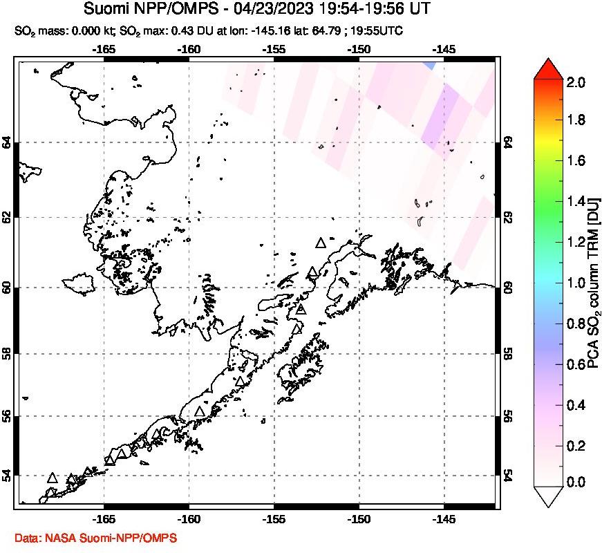 A sulfur dioxide image over Alaska, USA on Apr 23, 2023.