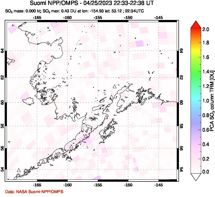 A sulfur dioxide image over Alaska, USA on Apr 25, 2023.