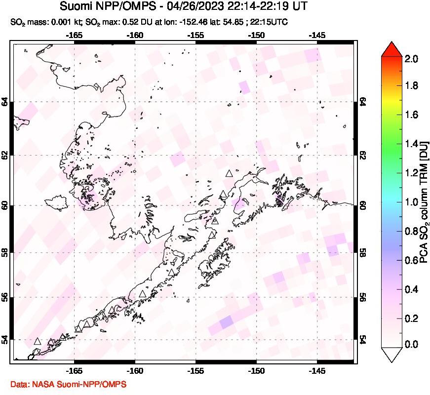 A sulfur dioxide image over Alaska, USA on Apr 26, 2023.