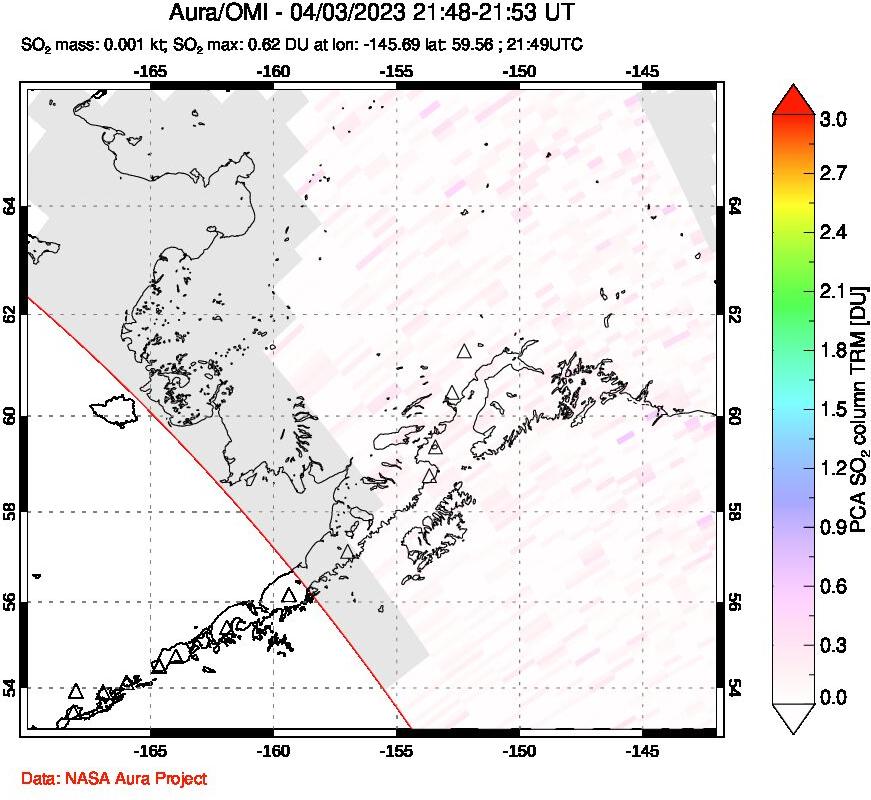 A sulfur dioxide image over Alaska, USA on Apr 03, 2023.