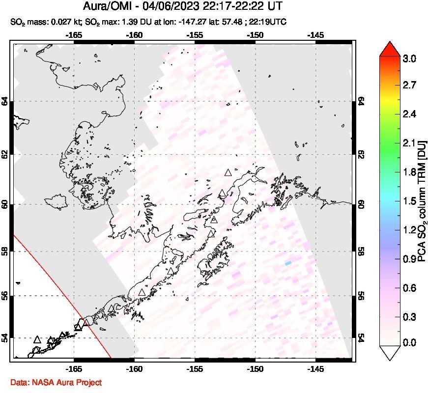 A sulfur dioxide image over Alaska, USA on Apr 06, 2023.