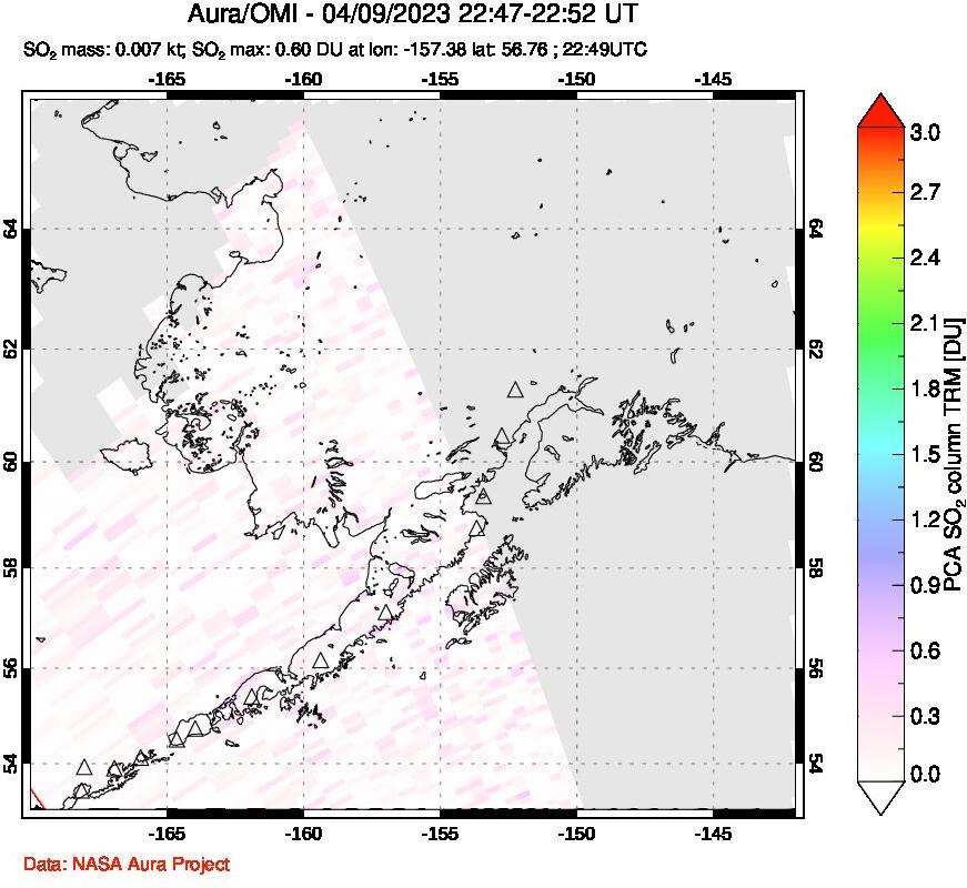 A sulfur dioxide image over Alaska, USA on Apr 09, 2023.