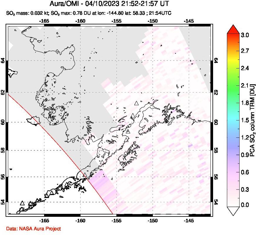A sulfur dioxide image over Alaska, USA on Apr 10, 2023.