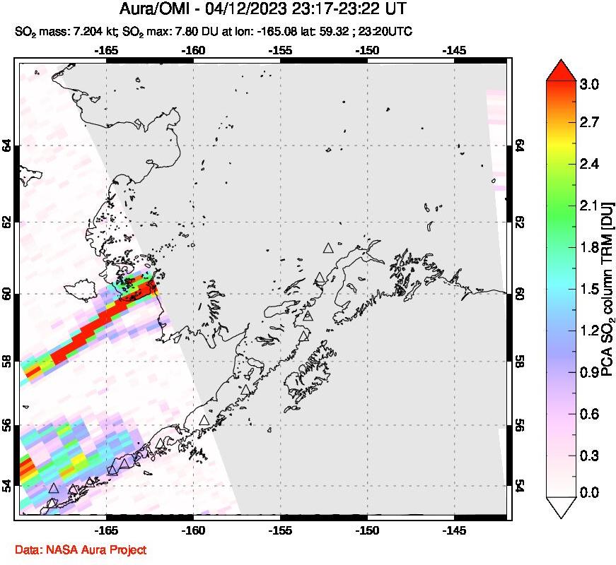 A sulfur dioxide image over Alaska, USA on Apr 12, 2023.