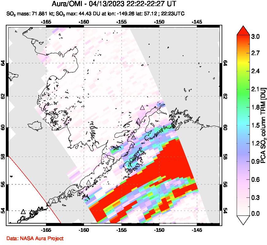 A sulfur dioxide image over Alaska, USA on Apr 13, 2023.