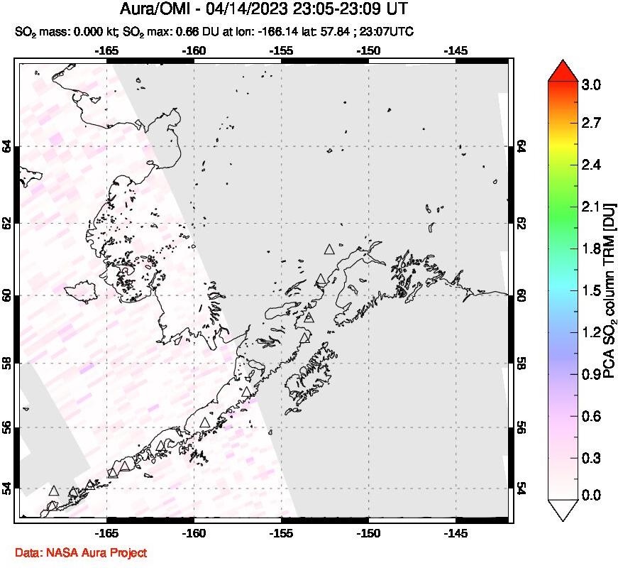 A sulfur dioxide image over Alaska, USA on Apr 14, 2023.