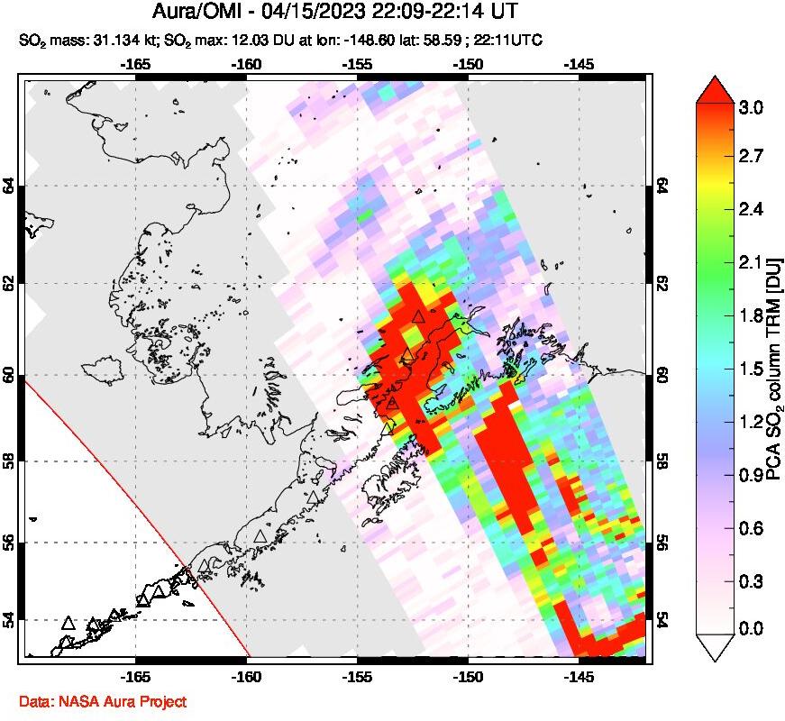 A sulfur dioxide image over Alaska, USA on Apr 15, 2023.