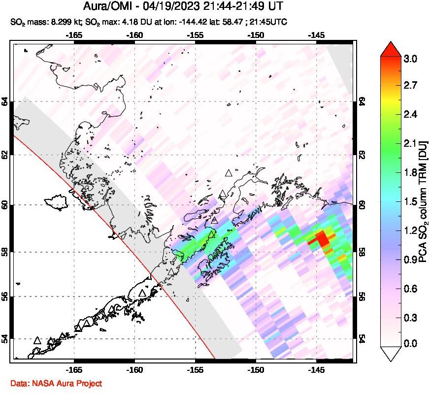 A sulfur dioxide image over Alaska, USA on Apr 19, 2023.