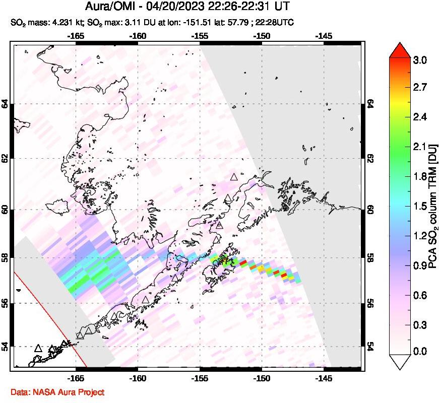 A sulfur dioxide image over Alaska, USA on Apr 20, 2023.