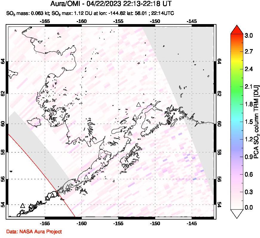 A sulfur dioxide image over Alaska, USA on Apr 22, 2023.