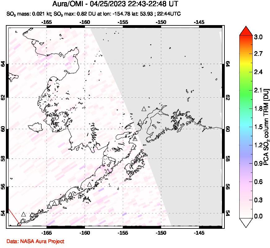 A sulfur dioxide image over Alaska, USA on Apr 25, 2023.