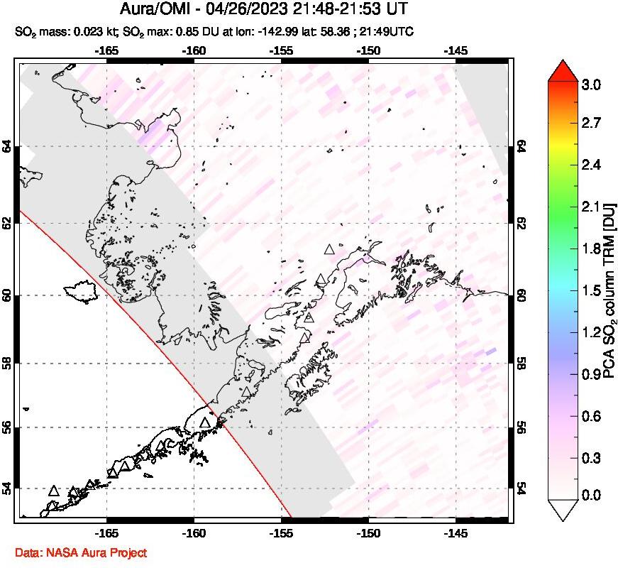 A sulfur dioxide image over Alaska, USA on Apr 26, 2023.