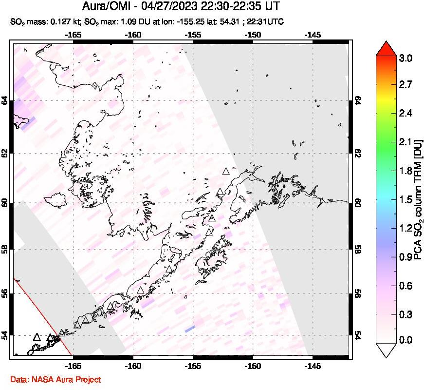 A sulfur dioxide image over Alaska, USA on Apr 27, 2023.