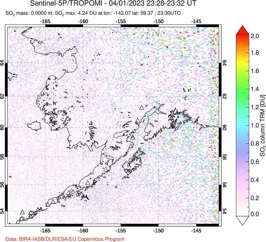 A sulfur dioxide image over Alaska, USA on Apr 01, 2023.