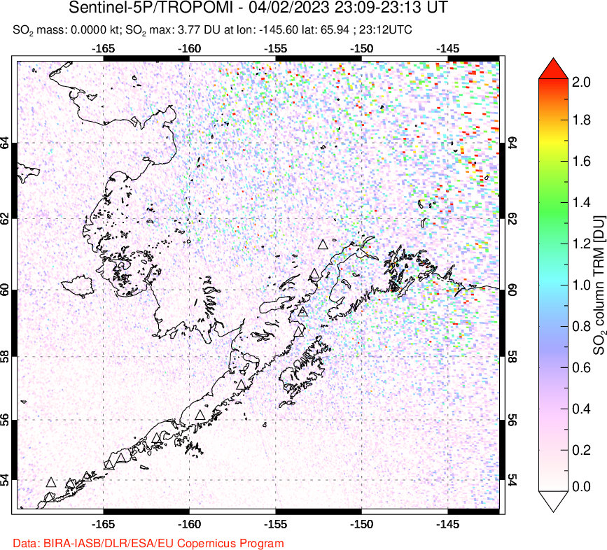 A sulfur dioxide image over Alaska, USA on Apr 02, 2023.