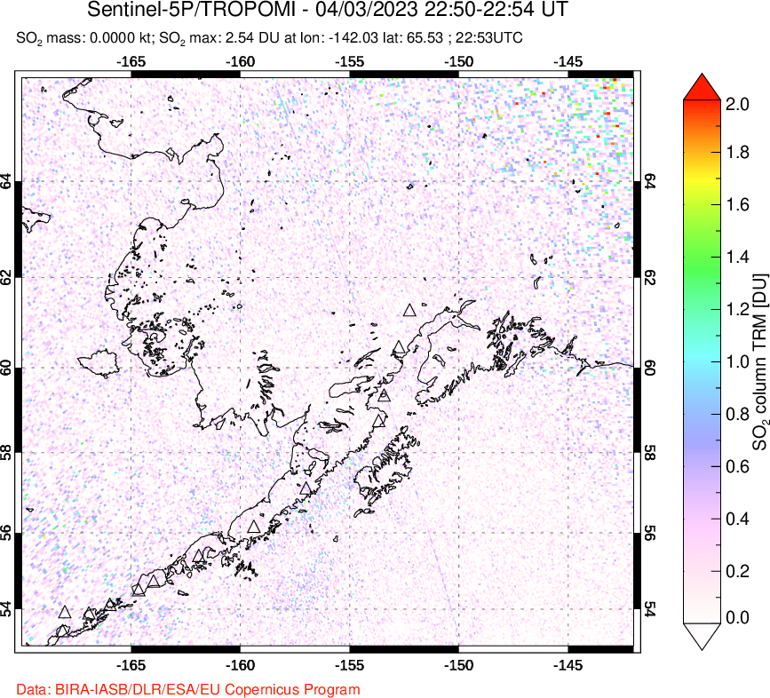 A sulfur dioxide image over Alaska, USA on Apr 03, 2023.