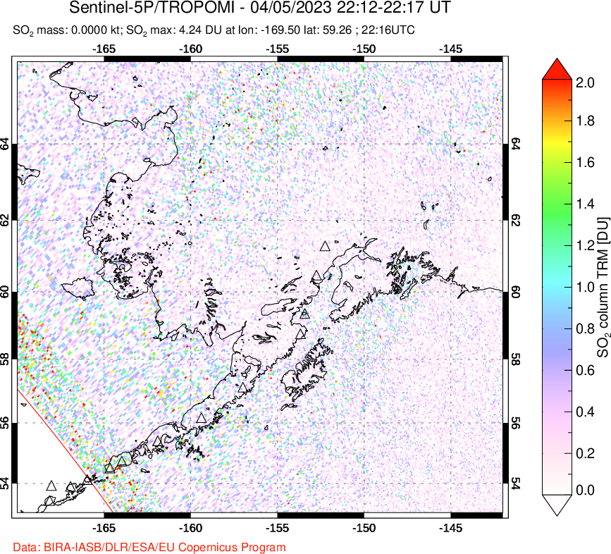 A sulfur dioxide image over Alaska, USA on Apr 05, 2023.