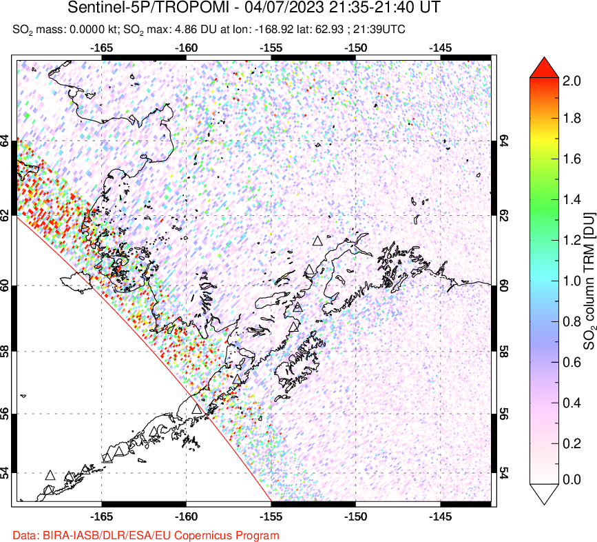 A sulfur dioxide image over Alaska, USA on Apr 07, 2023.