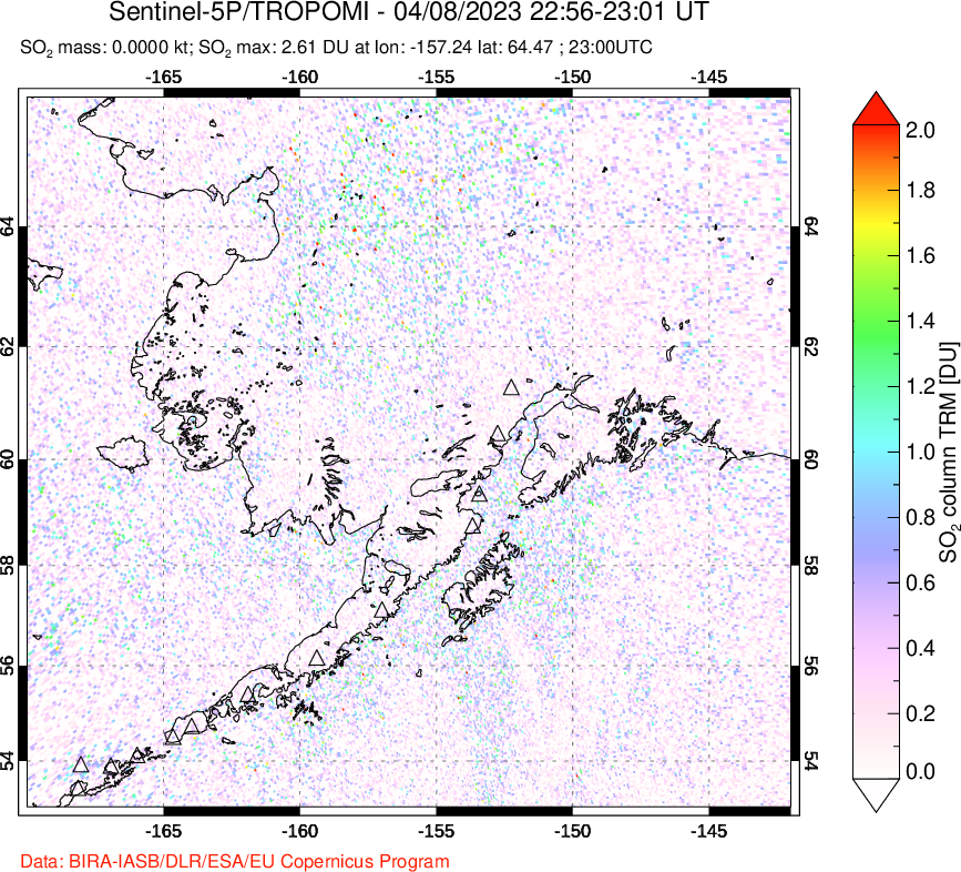 A sulfur dioxide image over Alaska, USA on Apr 08, 2023.