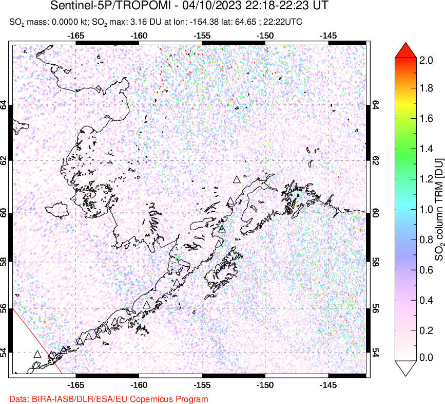 A sulfur dioxide image over Alaska, USA on Apr 10, 2023.