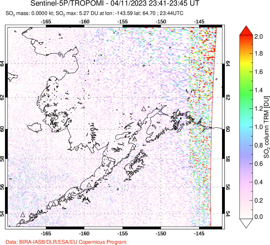 A sulfur dioxide image over Alaska, USA on Apr 11, 2023.