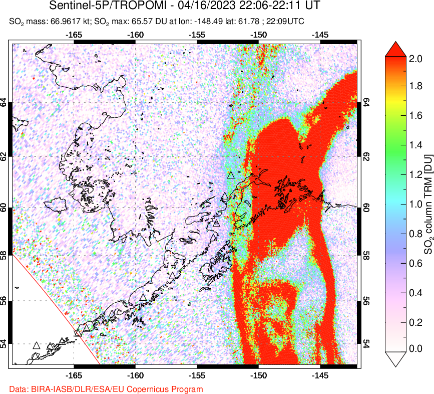 A sulfur dioxide image over Alaska, USA on Apr 16, 2023.