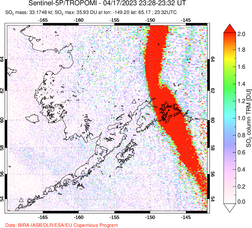 A sulfur dioxide image over Alaska, USA on Apr 17, 2023.