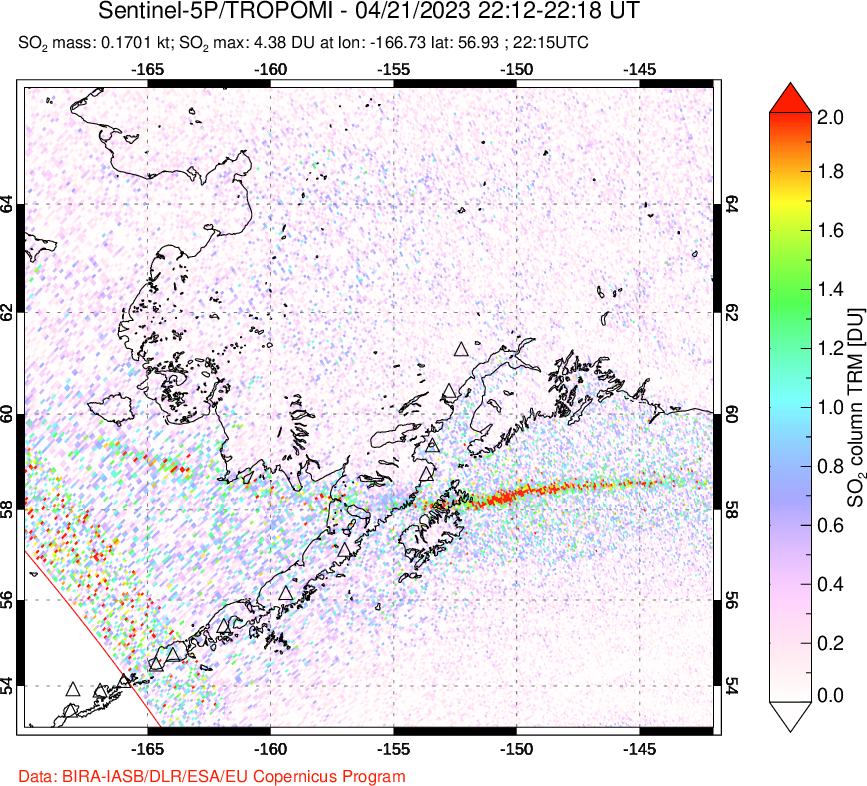 A sulfur dioxide image over Alaska, USA on Apr 21, 2023.