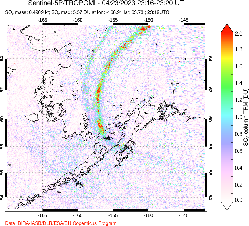 A sulfur dioxide image over Alaska, USA on Apr 23, 2023.