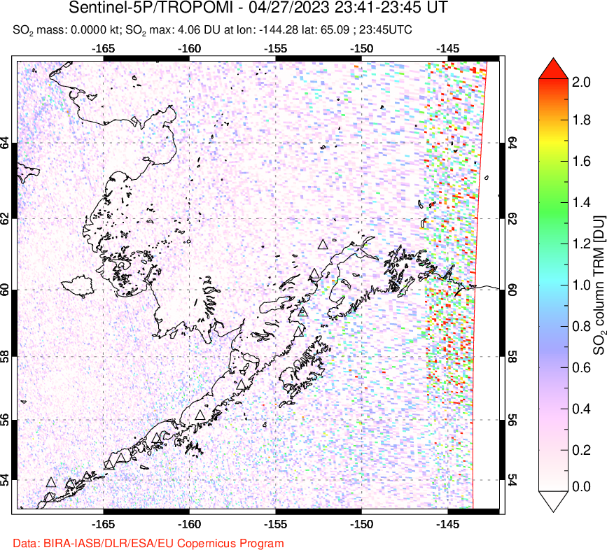 A sulfur dioxide image over Alaska, USA on Apr 27, 2023.