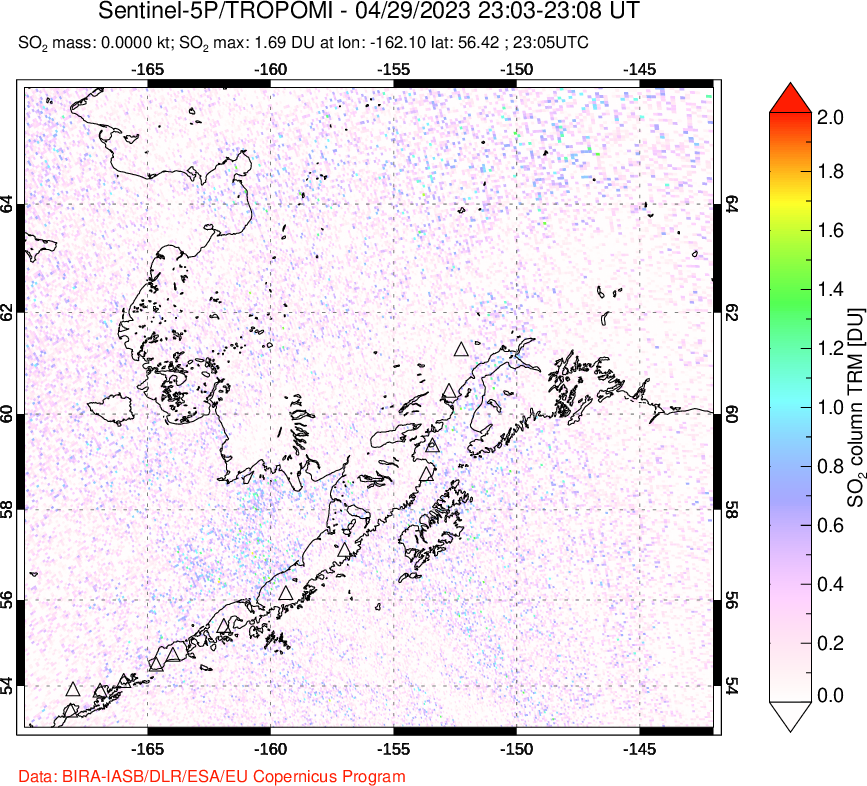 A sulfur dioxide image over Alaska, USA on Apr 29, 2023.